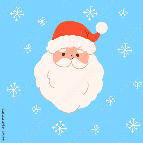 Friendly Santa Claus head illustration featuring a classic red hat with a fluffy white trim, rosy cheeks, a round nose, and a large soft white beard. Simple shapes and a bright blue background create 