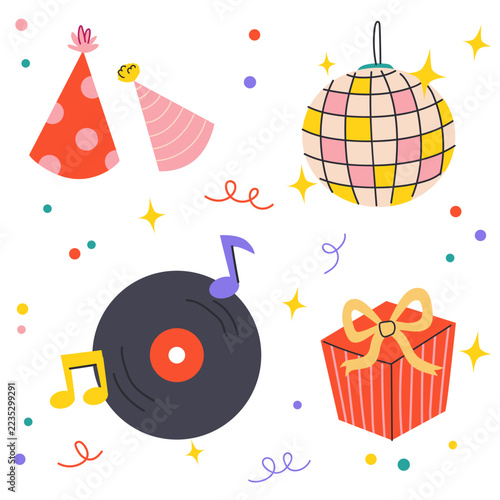 Colorful birthday party illustration featuring a cute pink llama, a vinyl record, a disco ball, party hat and candles. Playful retro-inspired vector artwork with bright colors and festive details