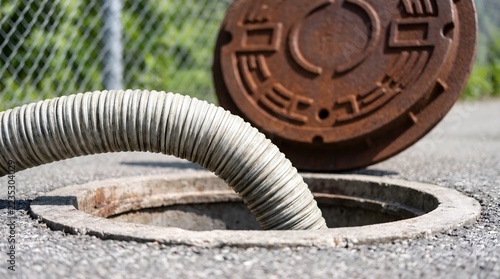 Heavy duty suction pipe inserted into an open sewer hatch with a rusty metal cover nearby for professional utility service and drainage cleaning concept.