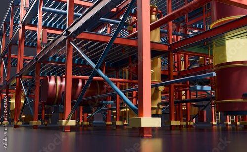 Low angle through 3D red girders and cross bracing