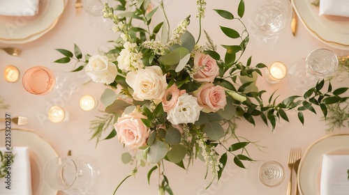 guests. Elegant wedding table setting with floral centerpiece, viewed from above. lifestyle magazines, social media lookbooks, designed for influencer and brand collaborations.