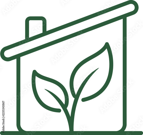 Eco Friendly Green House Line Icon with Growing Leaves for Sustainability