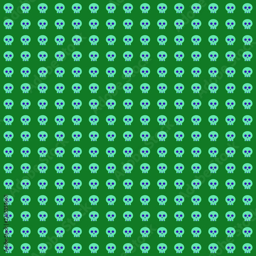 Seamless vector pattern with pixelated green skulls on dark background