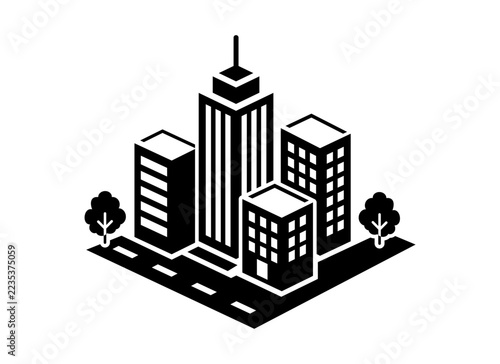 Black and White Isometric City Skyline Icon with Modern Skyscrapers, Buildings, Road and Trees. Building doodle graphic element. 