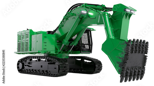 Fotografie Green heavy duty mining excavator with large bucket and black crawler tracks