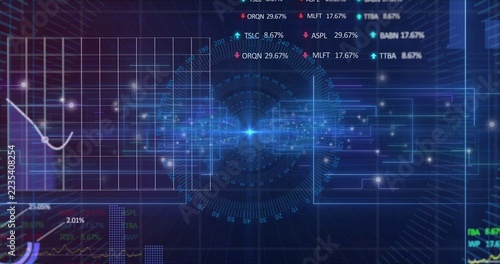 Digital financial interface displaying stock tickers and circular gauge over deep blue grid