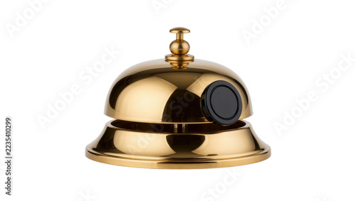 Shiny golden reception desk bell with black button, isolated on transparent background