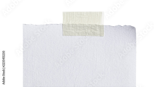 Torn textured paper sheet secured with beige masking tape, isolated on transparent background