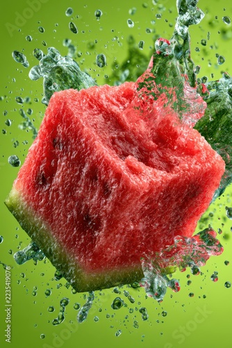 Red watermelon cube splashing into clear water, creating refreshing droplets on a vibrant green background