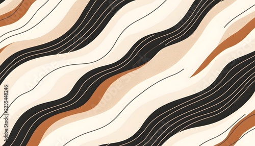 Modern Abstract Wavy Lines in Black Beige and Terracotta Seamless Pattern