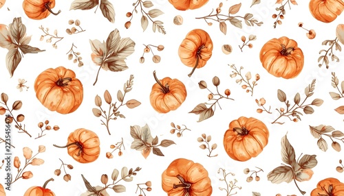 Orange Pumpkins and Autumn Foliage Watercolor Seamless Pattern