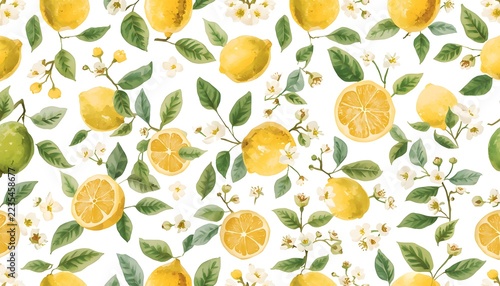 Yellow Lemons and White Blossoms Mediterranean Seamless Pattern