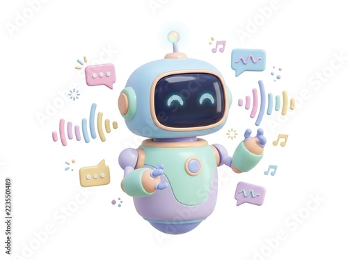 Conversational AI: Charming virtual assistant robot with speech icons and sound waves