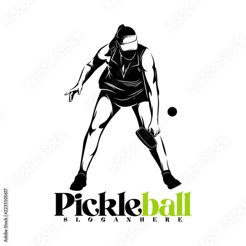 Silhouette of a female pickleball player vector illustration design with black and white design. Logo sport. This sports logo is perfect for branding sports clubs, tournaments, or team shirts.