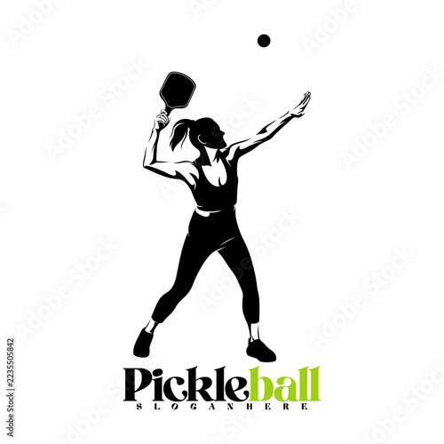Silhouette of a female pickleball player vector illustration design with black and white design. Logo sport. This sports logo is perfect for branding sports clubs, tournaments, or team shirts.
