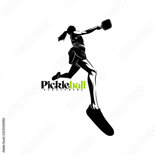 Silhouette of a female pickleball player vector illustration design with black and white design. Logo sport. This sports logo is perfect for branding sports clubs, tournaments, or team shirts.