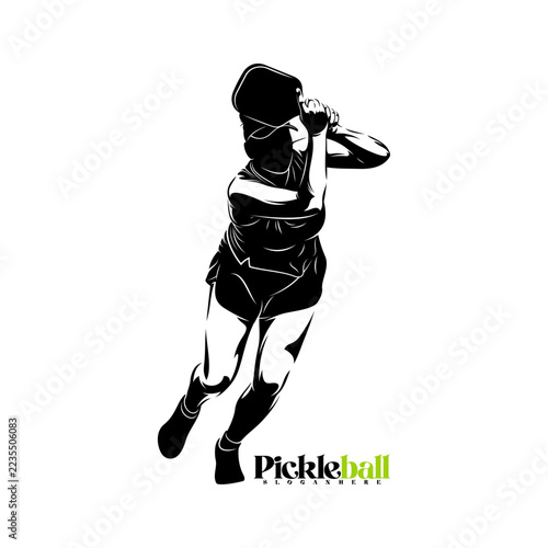 Silhouette of a female pickleball player vector illustration design with black and white design. Logo sport. This sports logo is perfect for branding sports clubs, tournaments, or team shirts.