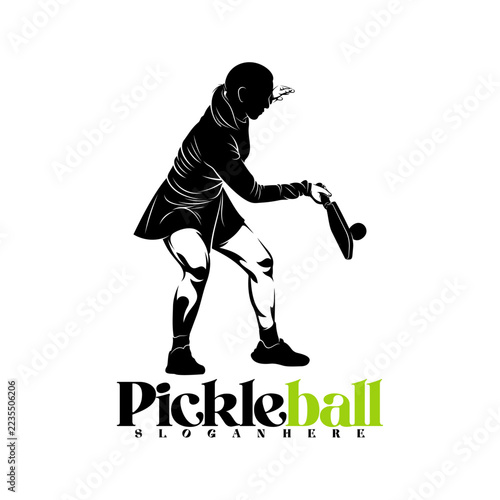 Silhouette of a female pickleball player vector illustration design with black and white design. Logo sport. This sports logo is perfect for branding sports clubs, tournaments, or team shirts.