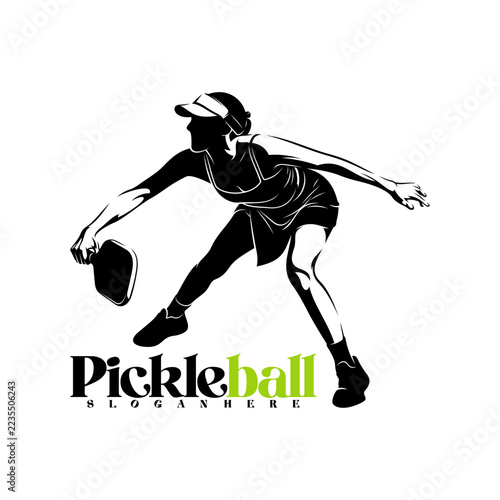 Silhouette of a female pickleball player vector illustration design with black and white design. Logo sport. This sports logo is perfect for branding sports clubs, tournaments, or team shirts.