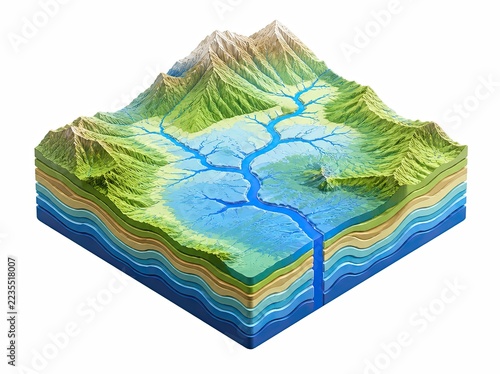 GIS Flood Mapping: Layered terrain model with river networks and digital elevation markers