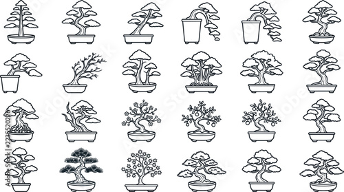 Bonsai Tree Line Icon Set Japanese Miniature Botanical Vector Collection