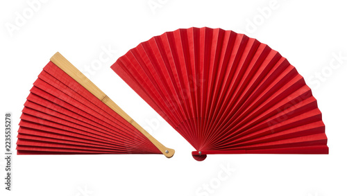 Fotografie Open and closed red paper folding fans with light wooden ribs