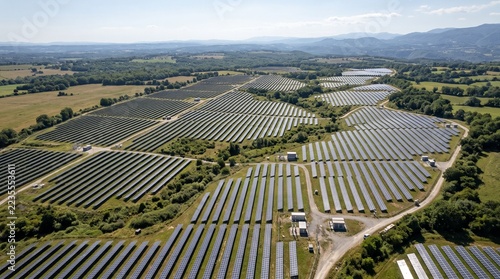 Ultra-realistic aerial photograph of a large solar energy farm covering rolling countryside, thousands of photovoltaic panels arranged in precise parallel rows, green vegetation between sections, brig