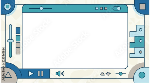 Flat design video player interface frame with media control buttons and volume slider in a clean blue and white modern style