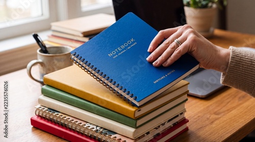 Person holding a blue spiral notebook on a stack of journals