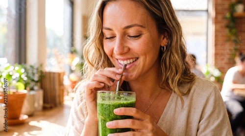 Young woman drinking a healthy green smoothie in a cafe