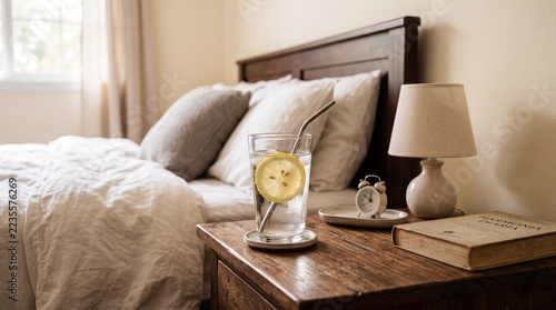 Glass of water with lemon slice on bedside table