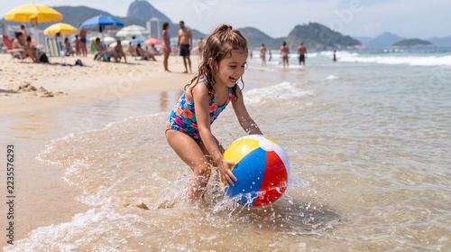 Happy little girl playing with a beach ball in the ocean