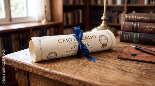 Rolled diploma certificate on a wooden desk
