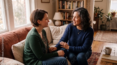 Two women talking on a sofa in a cozy living room