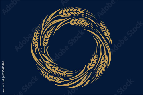 Golden wheat ears circular ornament for brewery and beverage product labels.