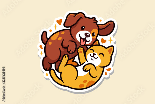 Cute brown dog and orange cat playing together as happy pet friends sticker.