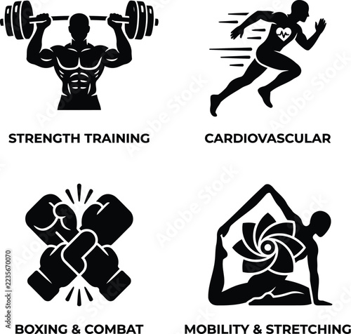 Fitness icon set with strength training, cardio running, boxing and yoga stretching silhouettes for gym and wellness design
