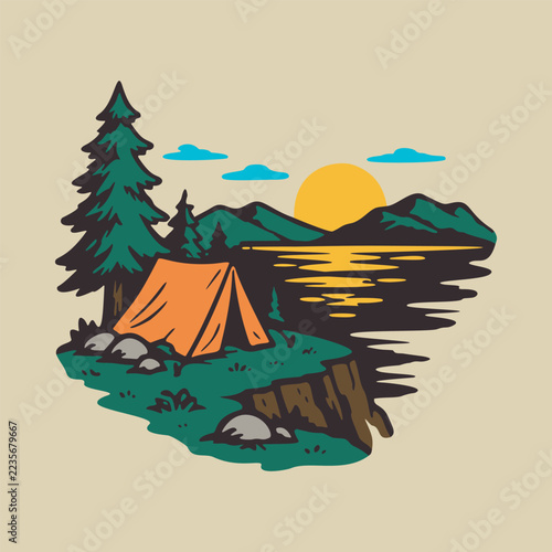 Camping with view of sunset graphic illustration vector art t-shirt design