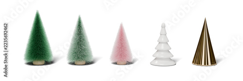 Set of Christmas trees, green, frosted and pink bottle brush trees, a white ceramic tree and a gold cone tree, isolated on transparent background, 3D render