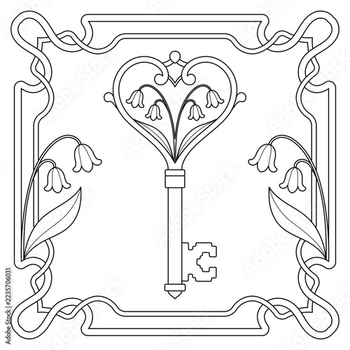Hand Drawn Vintage Ornamental Skeleton Key with Floral Art Nouveau Design, Black and White Vector Line Art Illustration