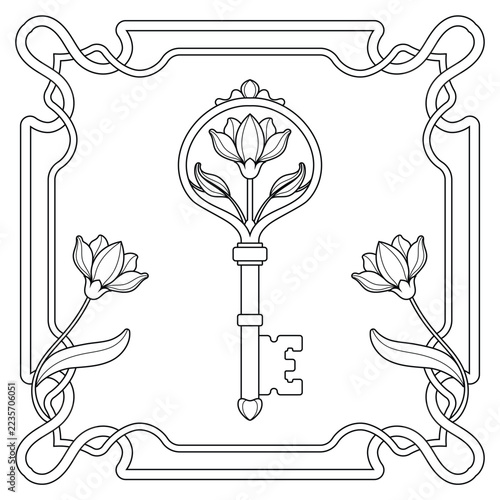 Hand Drawn Vintage Ornamental Skeleton Key with Floral Art Nouveau Design, Black and White Vector Line Art Illustration