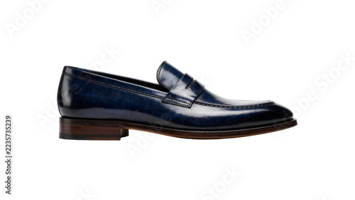 Fotografie Shiny blue leather penny loafer shoe with stacked wooden heel, isolated on trans