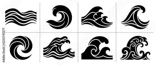 Canvas Print Wave silhouettes set with ocean and water crests for surfing and nautical design
