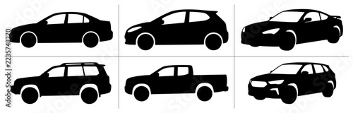 Fotografie Car silhouettes set with sedan, hatchback, coupe, SUV, pickup and crossover for