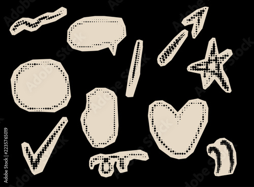 Imperfect Paper Cut Out Dotted Sticker. Scribble Pen Line Drawn Application Symbol Collection. Cartoon Vintage Irregular Edged Paper Sticker Set. Childish Funny Hand Drawn Collage Graphic Design 