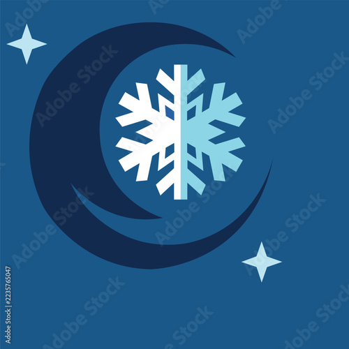 Blue Crescent Moon with Icy Snowflake and Sparkling Stars Winter Vector Emblem