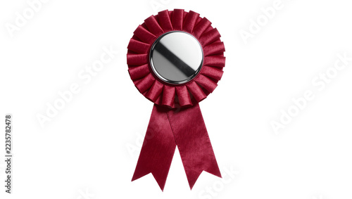 Fotografie Crimson satin rosette award ribbon with silver center, isolated on transparent b