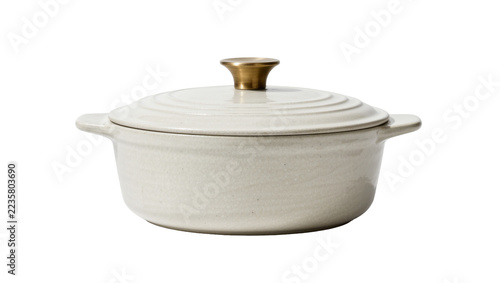 Obraz na plátně Cream ceramic Dutch oven with brass knob, isolated on transparent background