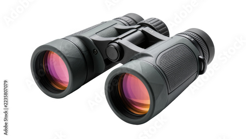 Fotografie Dark gray rubberized binoculars with red-orange lenses, isolated on transparent