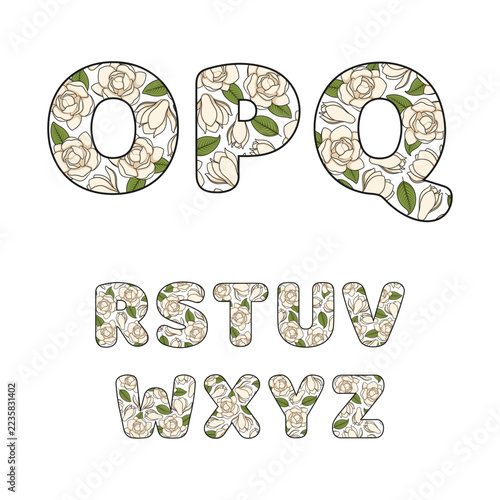 Font, letters O to Z with flowers, buds and leaves of white magnolia. Isolated vector objects on white background.